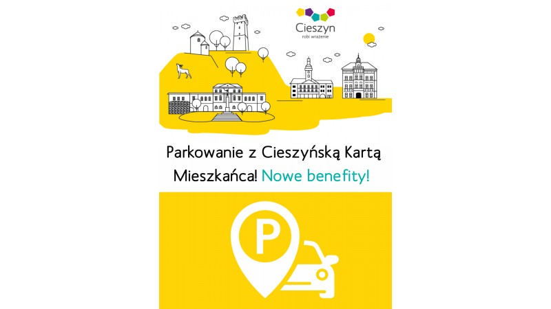 Plakat obrazjuący symbole architektoniczne miasta w grafice rysunkowej oraz samochód ze znakiem lokalizacji.